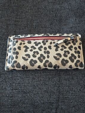 Leopard-Print Zip Wallet in Cream and Black with Red Accent